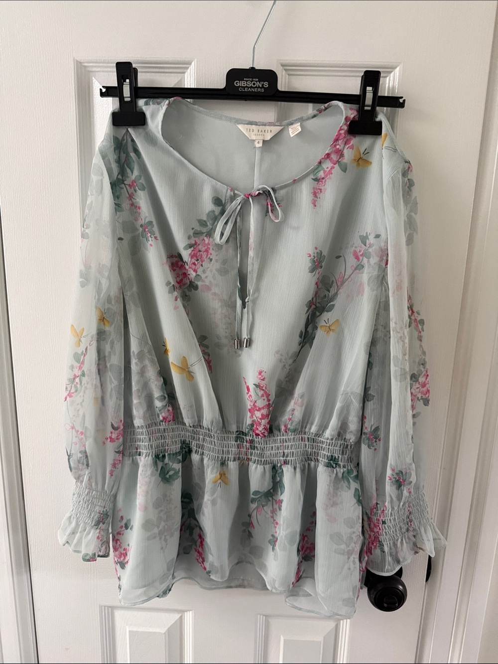 Ted Baker Pale Blue Floral Tie-Front Peplum Blouse